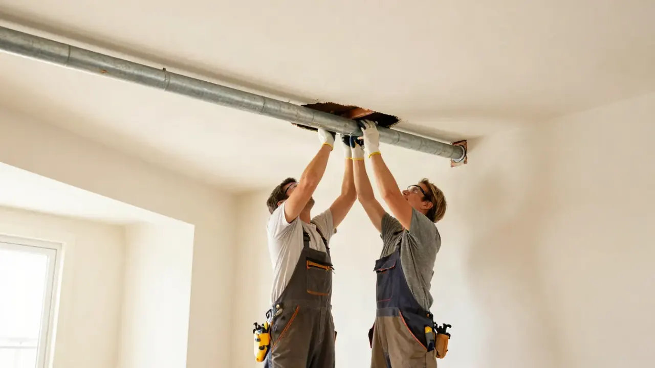 Repiping in Baldwin Park, California: Two repipe specialists collaboratively removing a long section of old, corroded
