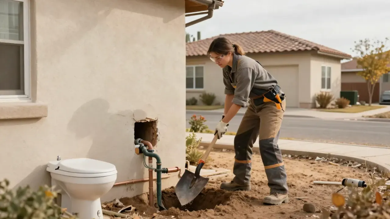 Water Line Replacement in Baldwin Park, California: repipe specialist working outdoors, carefully excavating around an