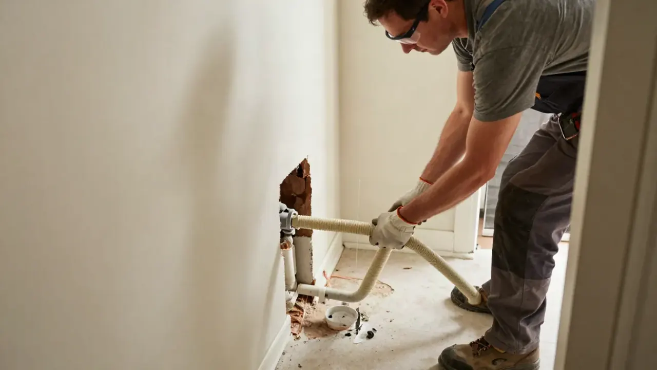 Polybutylene Pipe Replacement in Baldwin Park, California: repipe specialist pulling out a long, flexible strand of old